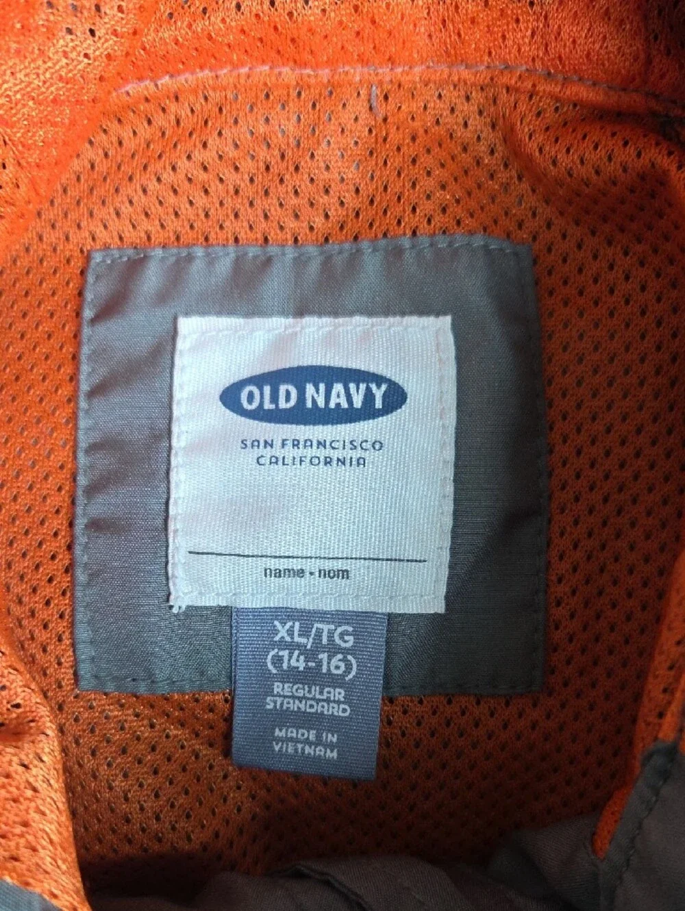 Old Navy Gray Hooded Rain Jacket with Blue Stripe & Orange Accents